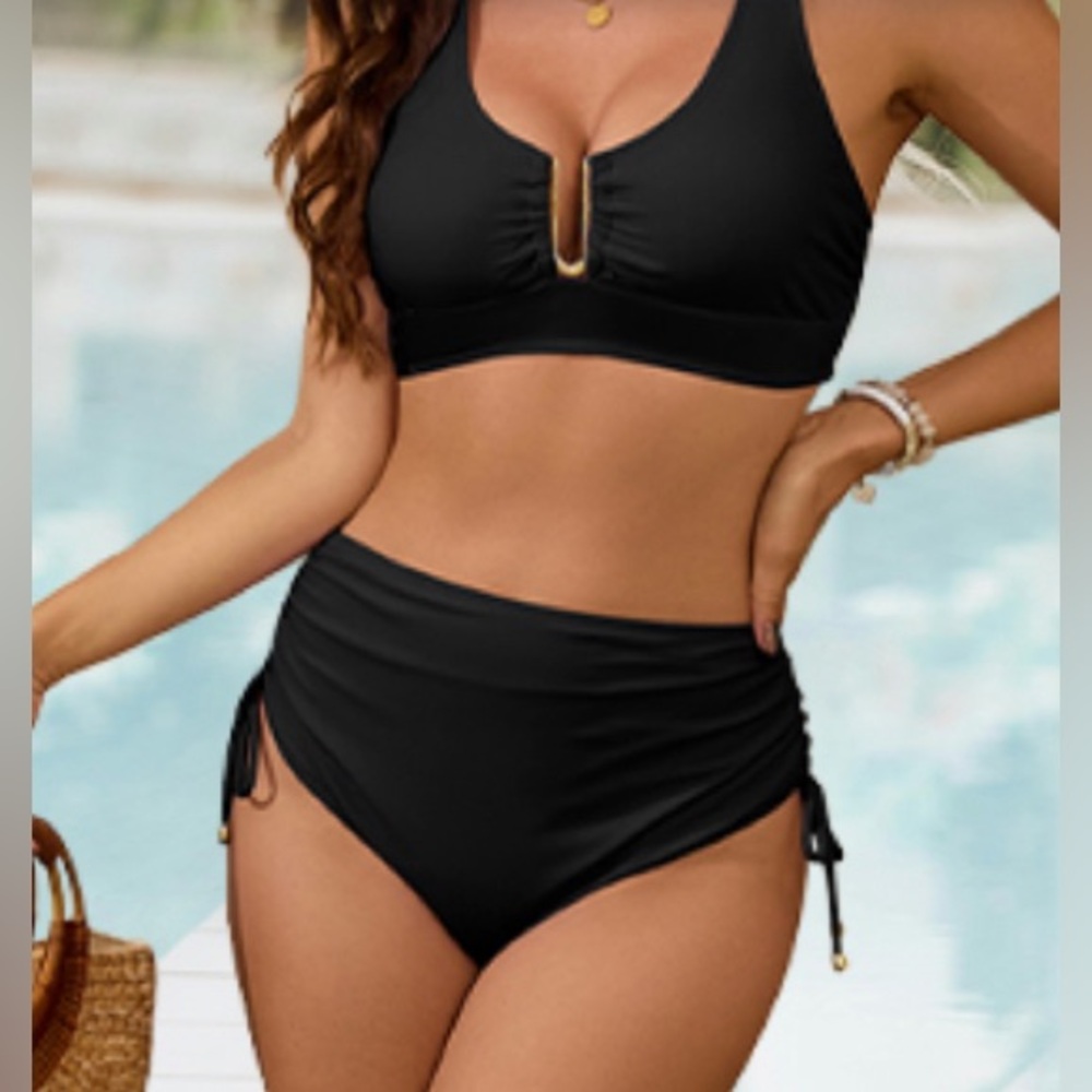 NWT Crisscross black Bikini Set with Gold Accent Adjustable straps Tie back